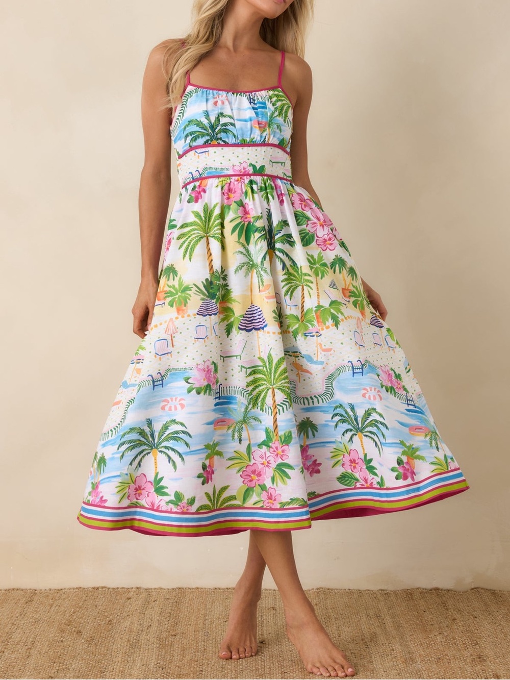 NWT Paradisa Sz S Catalina Pink Muti Cotton Linen Poolside Print Midi Dress